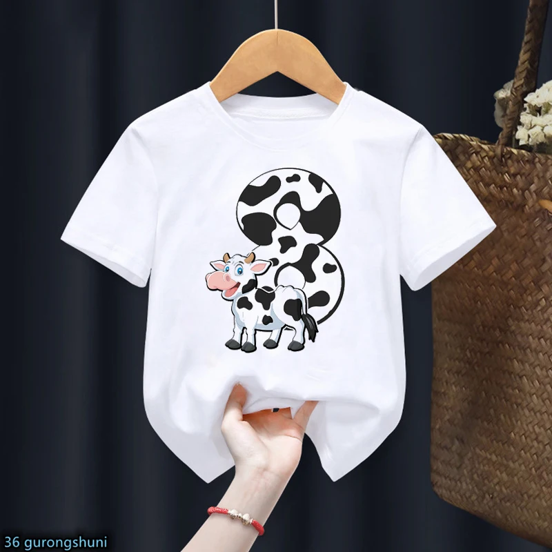 T-Shirt For Boys/Girls Funny Animal Cow 1-10th Birthday Number Print Toddler Baby Tshirt Fashion Kids Birthday Gift Clothing Top