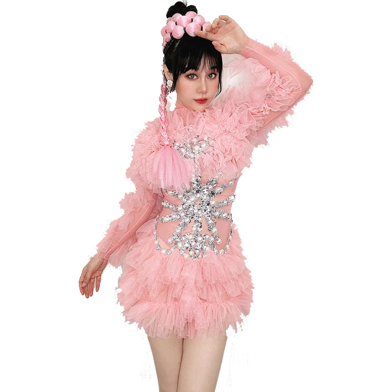 

New Sexy Fashion Pink Flower Rhinestones Dress For Singer Costume