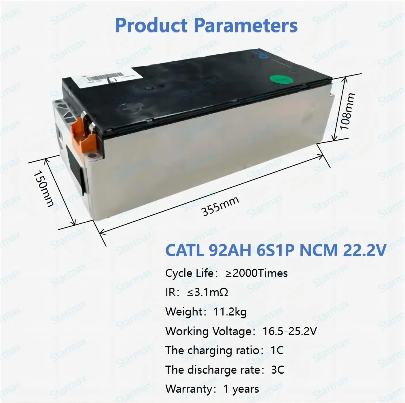 Starmax Catl 6S1P 22.2V 92Ah Rechargeable Module Battery 22.2V 6S1P VDA355 Nmc 16Pcs 32.6KWh Electric Car Catl Battery Module