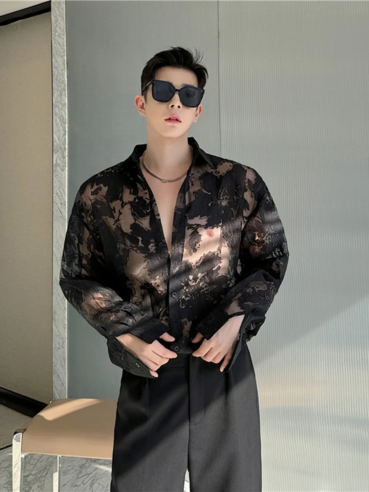 

Summer New Loose Long Sve Men's irt Transparent Lace Design Casual Faionable Sun Protection Breathable Polyester