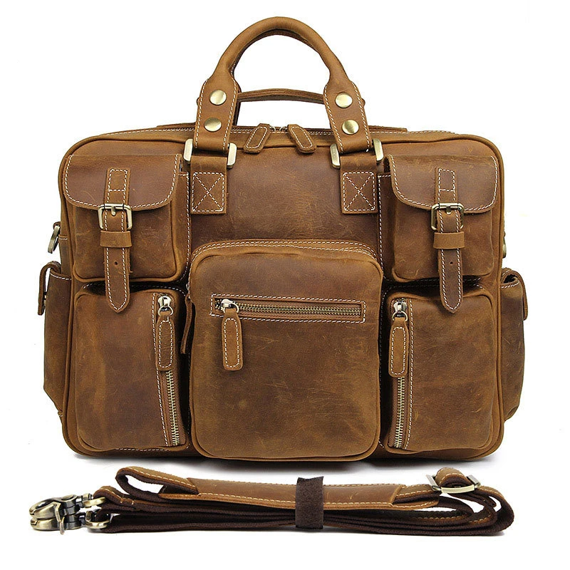 Brand Natural Cow Leather Men's Handbag with Shoulder Strap Laptop Notebook Hand Bag Large Business Document Brief Case Bag