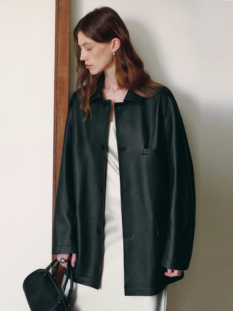 Clássico preto couro genuíno blazer jaquetas para mulheres primavera outono high-end simples único breasted solto casaco de couro de vaca real