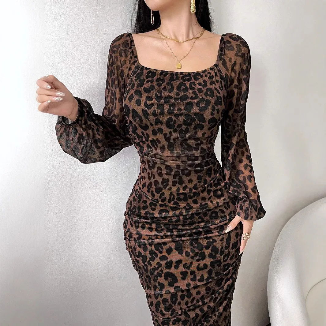 

2025 Spring TK Cross-border New Products Leopard Print Mesh Cloth Printed Square Neck Long Sleeve Ruffle Edge Dress Hot Search