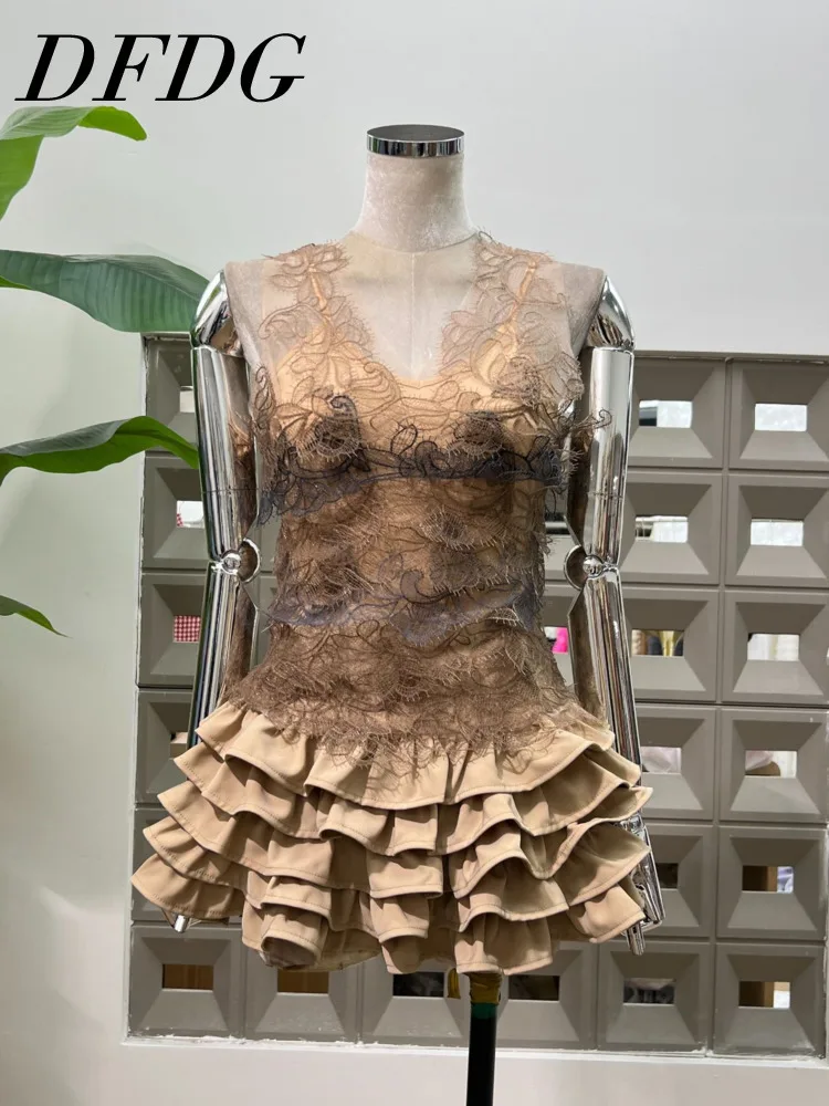 

DFDG женский вязаный крючком кружевной жилет с v-образным вырезом, разноцветная многоуровневая юбка, комплект с высокой талией, кружевной пуловер в рубчик, весна-лето 2025