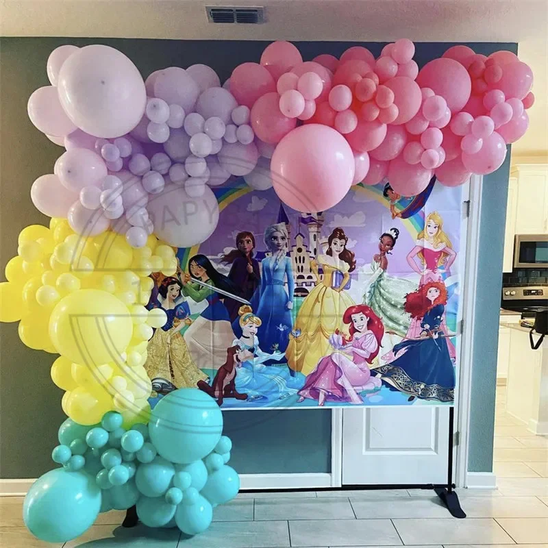 

194pcs Disney Princess Themed Birthday Balloon Wreath Arch Kit Yellow Blue Pink Macaron Latex Globe Girl Birthday Decoration