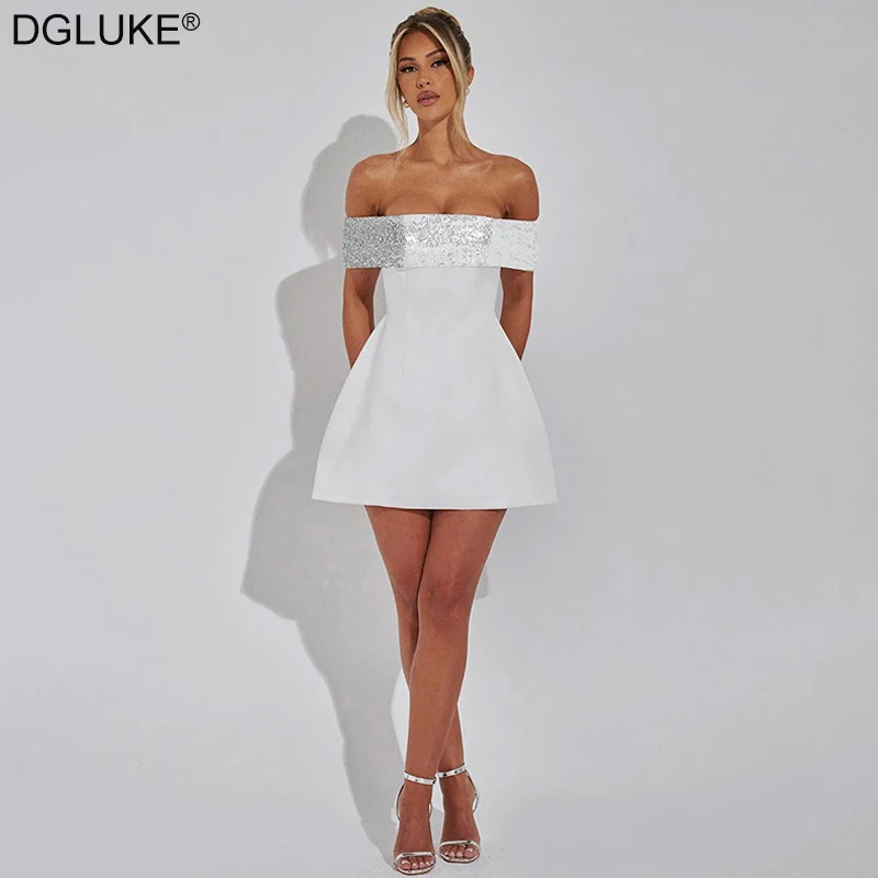 

DGLUKE Elegant White Dress For Women Off Shoulder Gown Evening Dress With Sequins 2025 New Fit And Flare Short Dresses