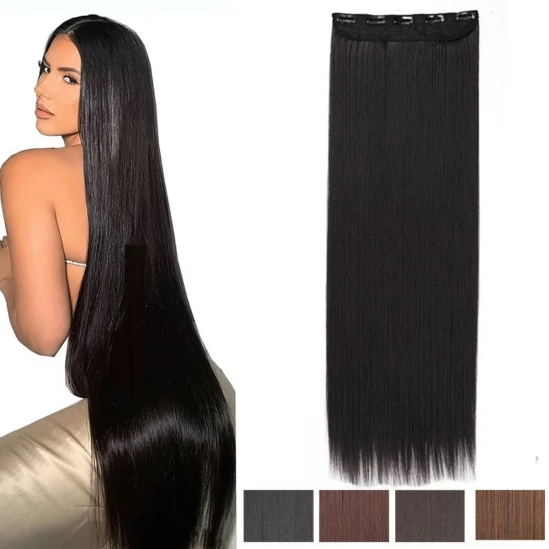 Extensão de Cabelo Sintético Longo e Liso de 32/40 Polegadas com Clipe, Resistente ao Calor, Acessório de Cabelo Natural Invisível para Mulheres