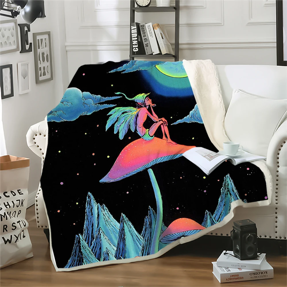 

HX Fashion Winter Blankets Moonlight Red Mushroom Elf 3D Graphic Printed Throw Blanket for Beds Double Layer Plush Quilts