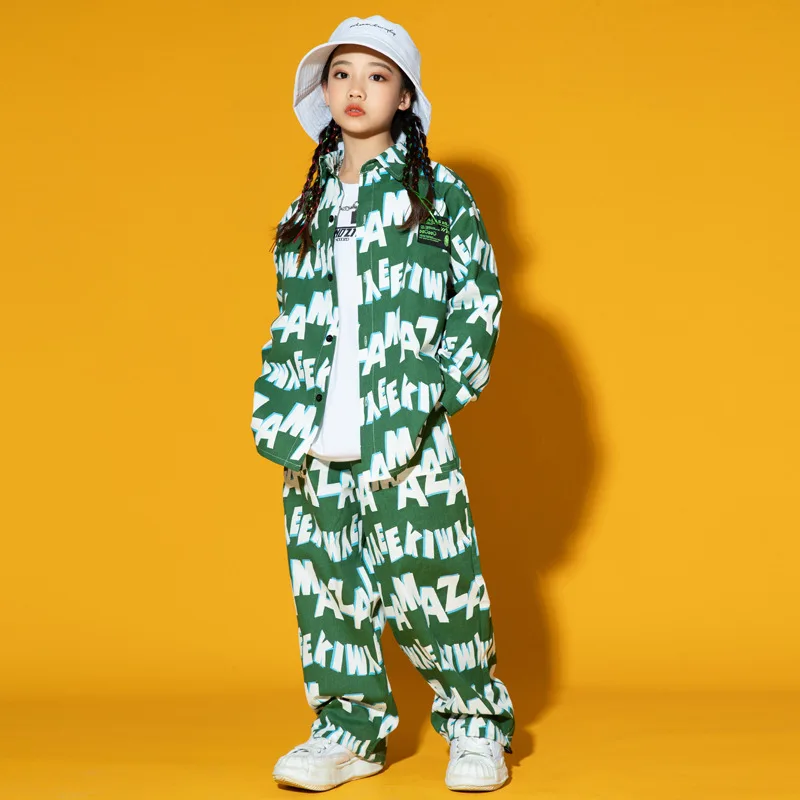 Boys Hip Hop Green Printed Shirt Joggers Girls Letters Blouse Street Dance Loose Pants Child Jazz Clothes Sets Kids Streetwear