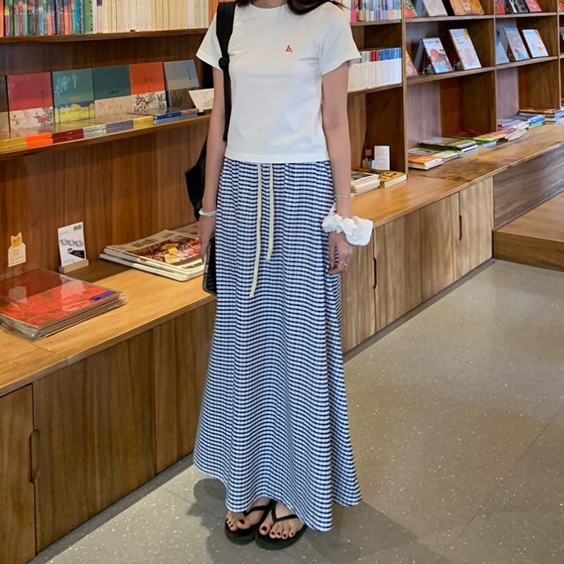 Simple Blue Skirt Casual Retro Plaid Drawstring Elastic Half Skirt for Women Women's Clothing Korea Stylish 2025 New Long Skirt