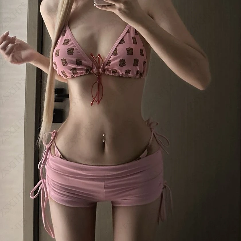 

Новый летний женский купальник с бретелькой на шее, сексуальное бикини на подтяжках, купальник с разрезом, горячий весенний купальник Cuteore Sweet Crop Top Y2k, купальник