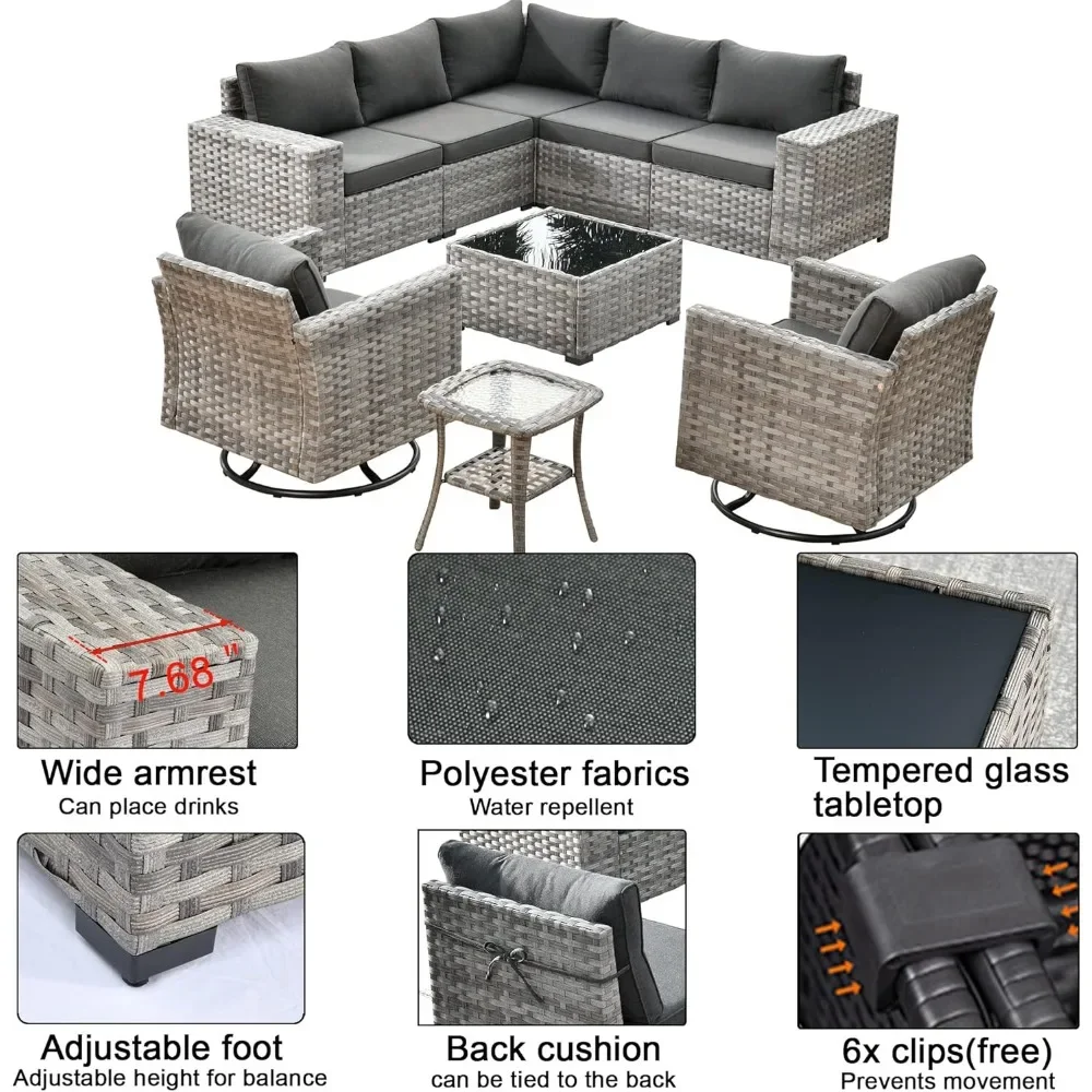 Outdoor Patio Sofa,9 PCS All Weather PE Wicker Conversation Couch And Matching Side Table,patio Furniture Set