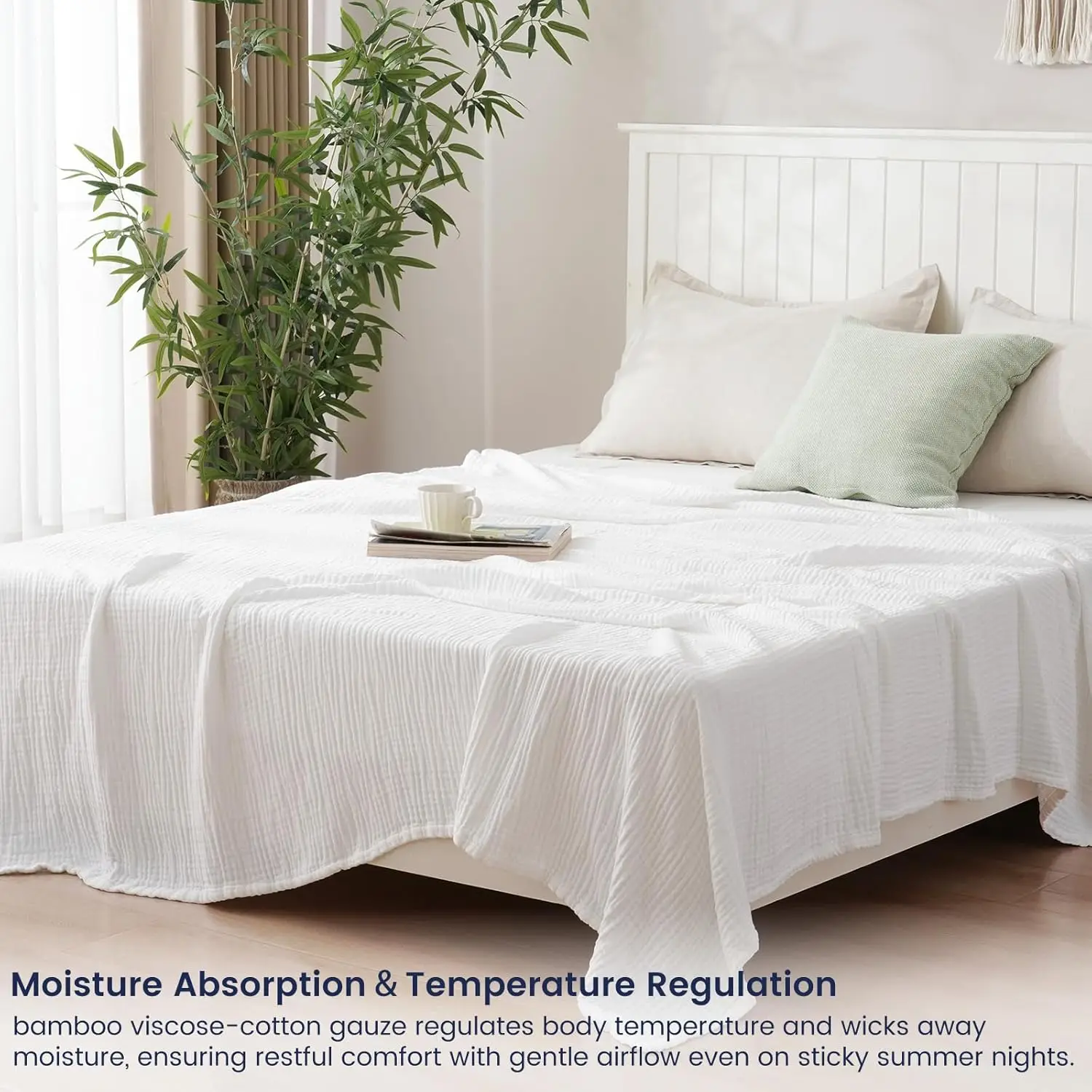 Cooling Muslin King Blanket for Hot Sleepers, 60% Rayon from Bamboo 40% Cotton, 4-Layer Gauze, 108"x90", White - view 4