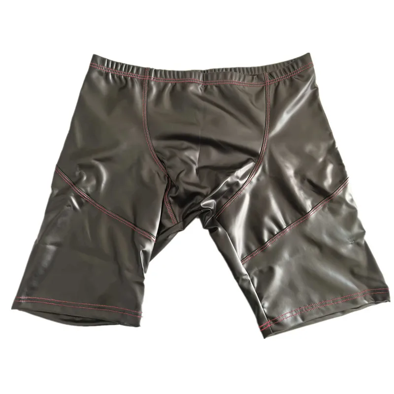 Mens Underwear Boxers Shorts Homme Black Faux Leather Pantie Man U Convex Pouch Middle Long Leg Underpants Cueca Calzoncillo