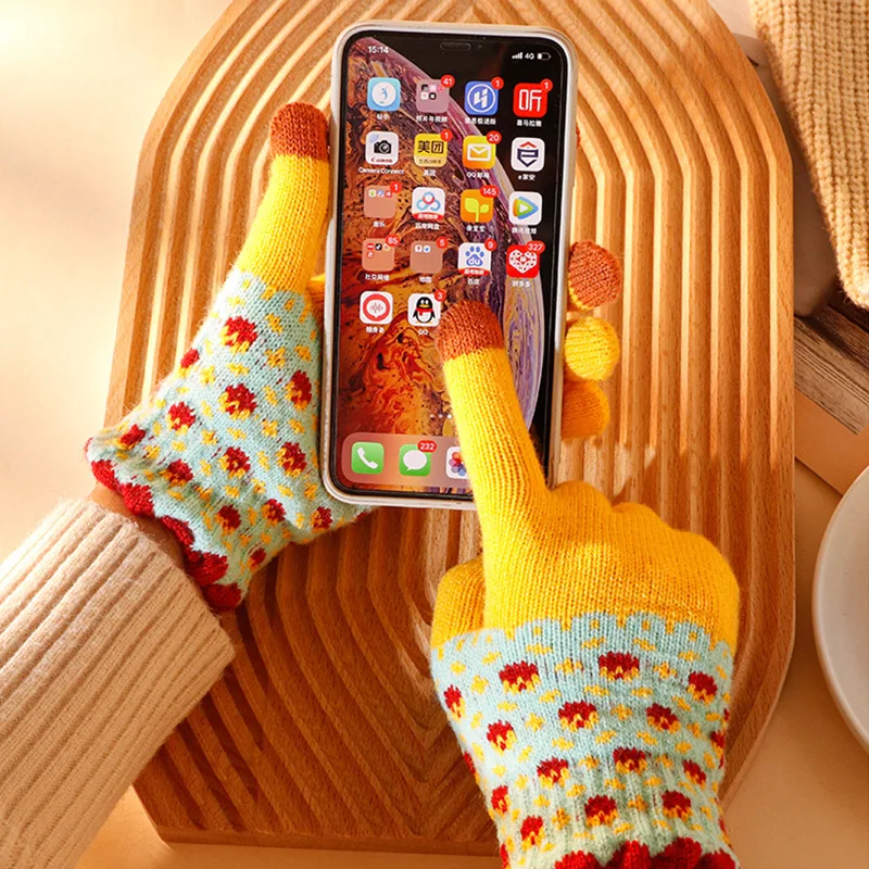Retro Flower Winter Gloves Women Girl Thermal Wool Knit Gloves Touch Screen Warm Mittens Cycling Skiing Windproof Hand Warmer