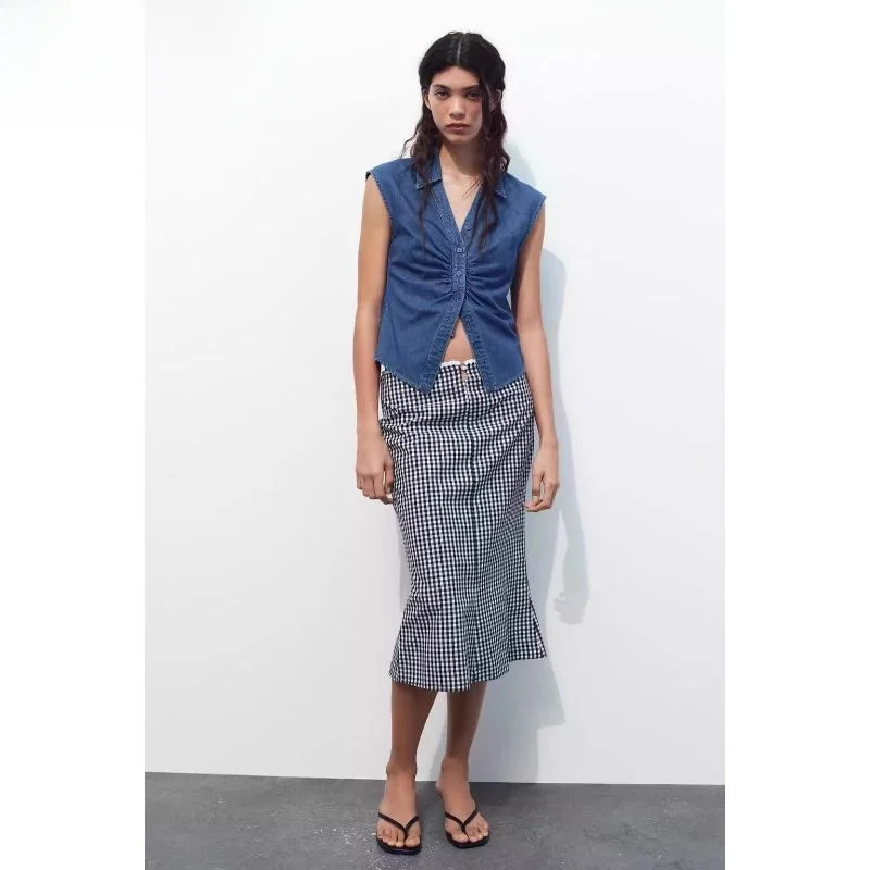 

Весна 2024, женская юбка-миди TRF, Vichy Cheered, Новое поступление, юбка трапециевидной формы с кисточками, средняя талия, другой материал 00%