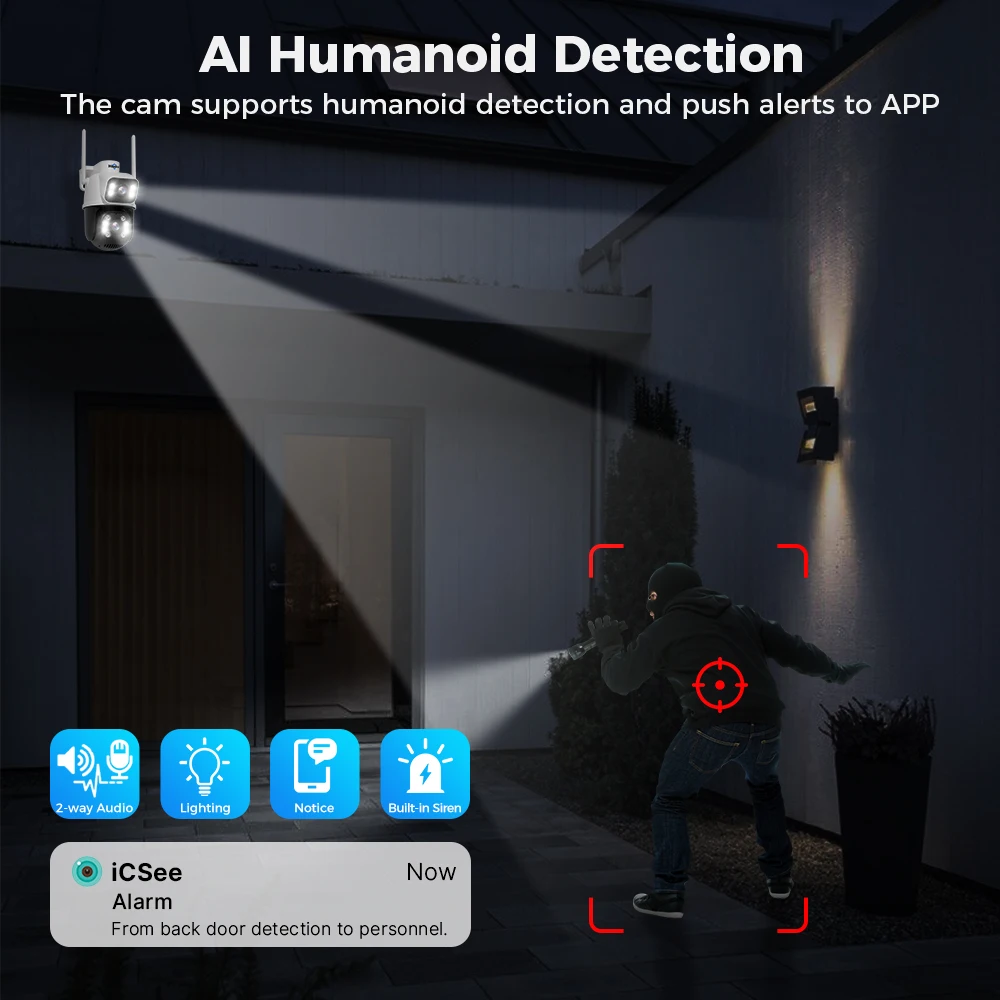 Hiseeu 8mp Wifi Survalance Camera Dual Screen & Dual Lens Color Night Vision Ai Auto Tracking Outdoor Draadloze Beveiligingscamera