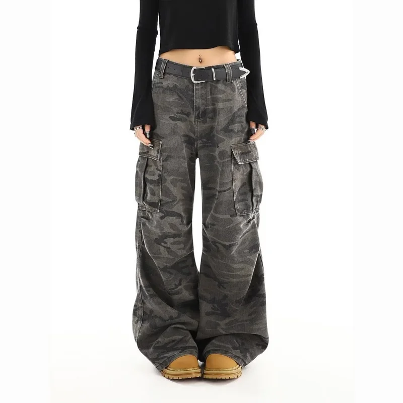 

Vintage Camouflage Multiple Pocket Cargo Jeans Men Women American Style Distress Straight Leg Jeans Loose Washed Wide Leg Pants