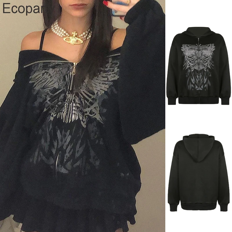 

2024 Women's Y2k Gothic Butterfly Print Oversize Zip Up Hoodies Long Sleeve Sweatshirt Casual Hooded Pullover Streetwear Female