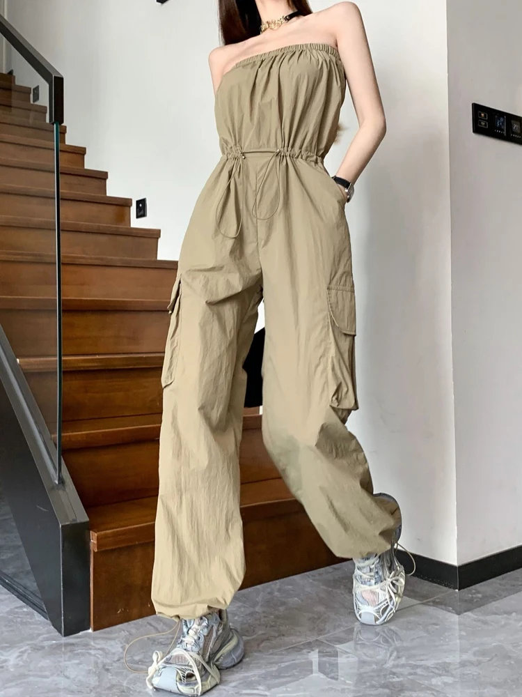 2024 New Women's Summer Fashion Casual Loose Solid Color Personalized Double Wearing Lace Up Bow Wrap Chest Overalls Jumpsuit