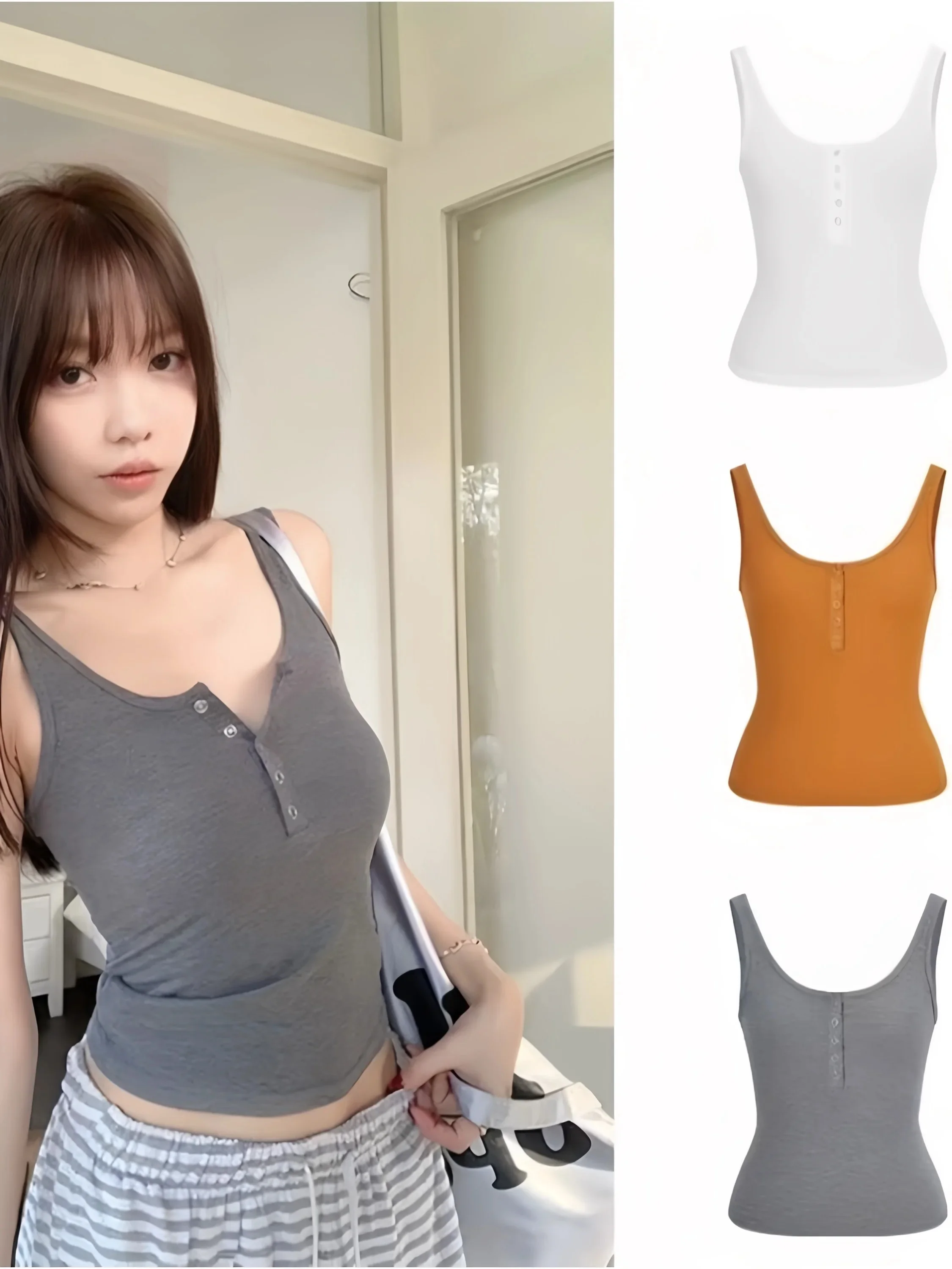 Summer New Style Women's Button Strap Vest plus Size Slim Fit Underwear Top Sleeveless Outerwear Shirt Casual Simple Design
