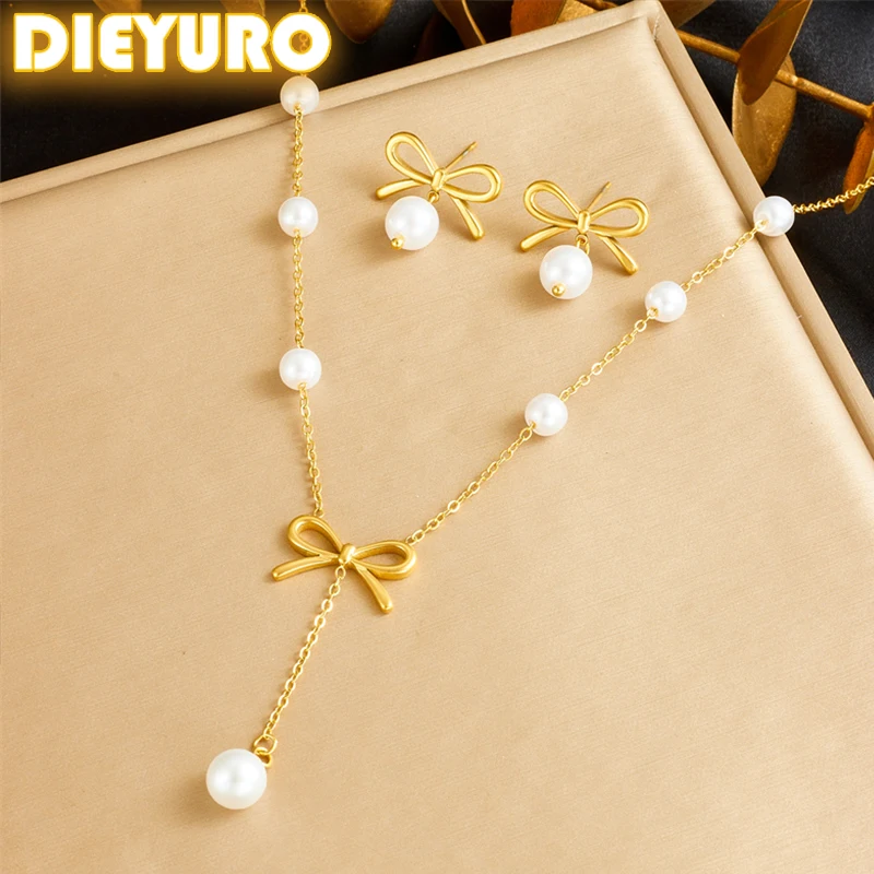 DIEYURO 316L Stainless Steel Simple Golden Bowkont Round Pearl Necklace Earrings Suit Women 2024 New TrendNon-fading jewelry Set