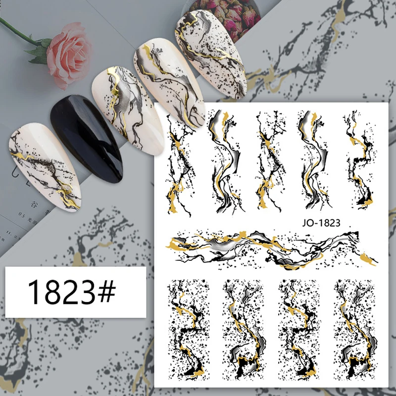 10PCS Marble Texture Nail Art Sticker Black Line Nail Decal Gold Abstract Pattern 3D Self-adhesive Nail Polish Slider