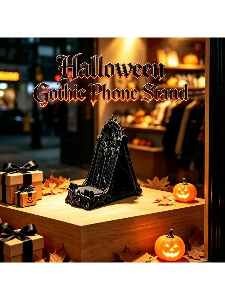 Drukowany w 3D gotycki stojak na telefon z ornamentem w kształcie ciemnej czaszki, ozdoba na Halloween, uchwyt biurkowy na telefon i tablet. — 2