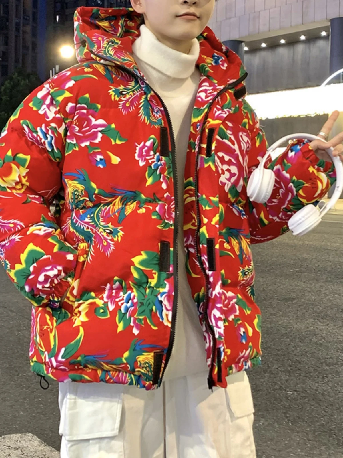 

Ultra-Thi Winter Cotton Jaet for Men And Women with Large Flowers Hooded Mid-Length below 40 Deees Celsius Northeast Sle