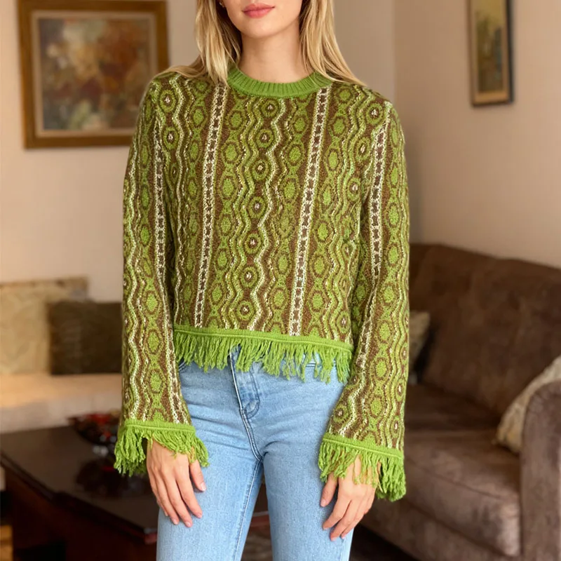 

Women Tassel Sweaters Autumn Winter Lady Chic Tops Elegant O-Neck Knitted Pullovers Female Vintage Geometric Printed Knitwear