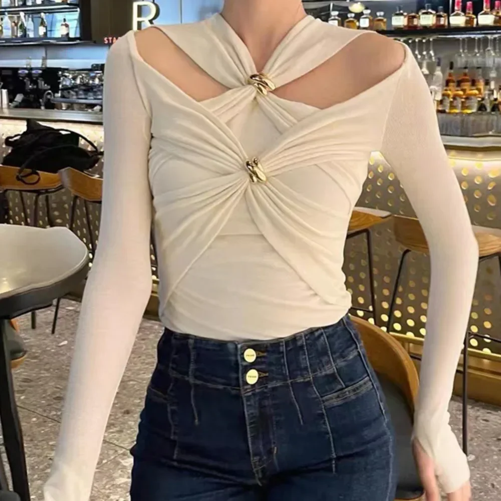 

Women's Slim Designer Sweater Fashion Knitted Pullover Long Sleeves Folds Hollow Out Elastic Knot Spring Autumn 2025 New