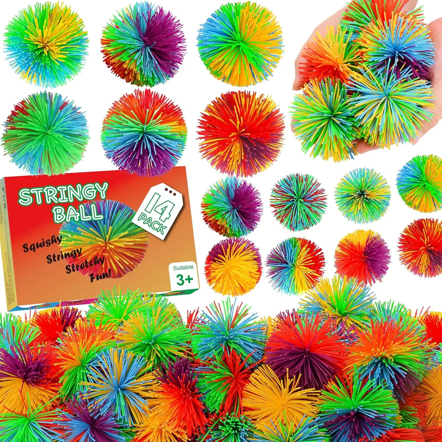 

14 PCS Stringy Balls Sensory Toy, 2.75 inch Rainbow Pom Bouncy, Fidget Stress Relief, Party Favors Birthday Gifts for Kids