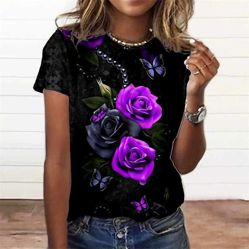 

Roses Flower T Shirt Women 3D Floral Blossom Printed T-shirt Casaul Streetwear Tee Shirts Womens Clothing Oversize Short Sleeve