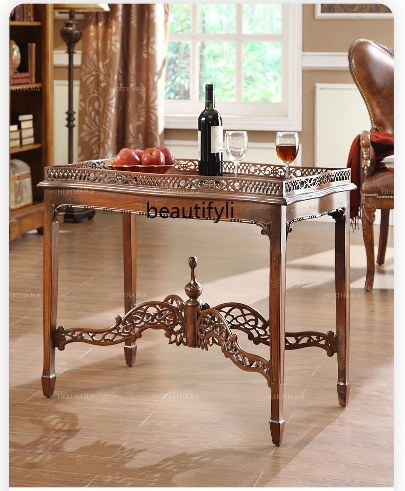 Retro Style French Handmade Hollow Carved Dining Table Mahogany Side Table Villa Art Furniture