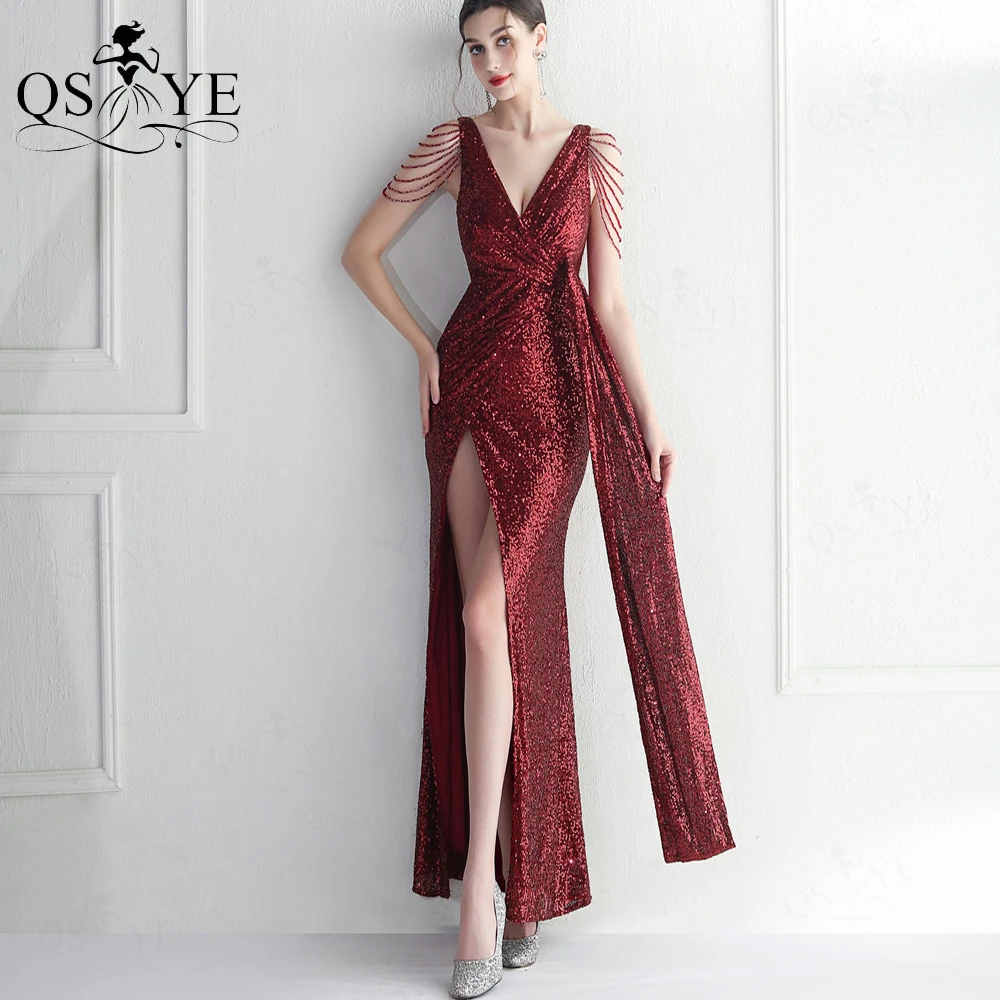 

Beaded Straps Dark Red Evening Dresses Ruched V Neck Sexy Split Long Prom Gown Sequin Long Party Dress Glitter Women Chic Gown