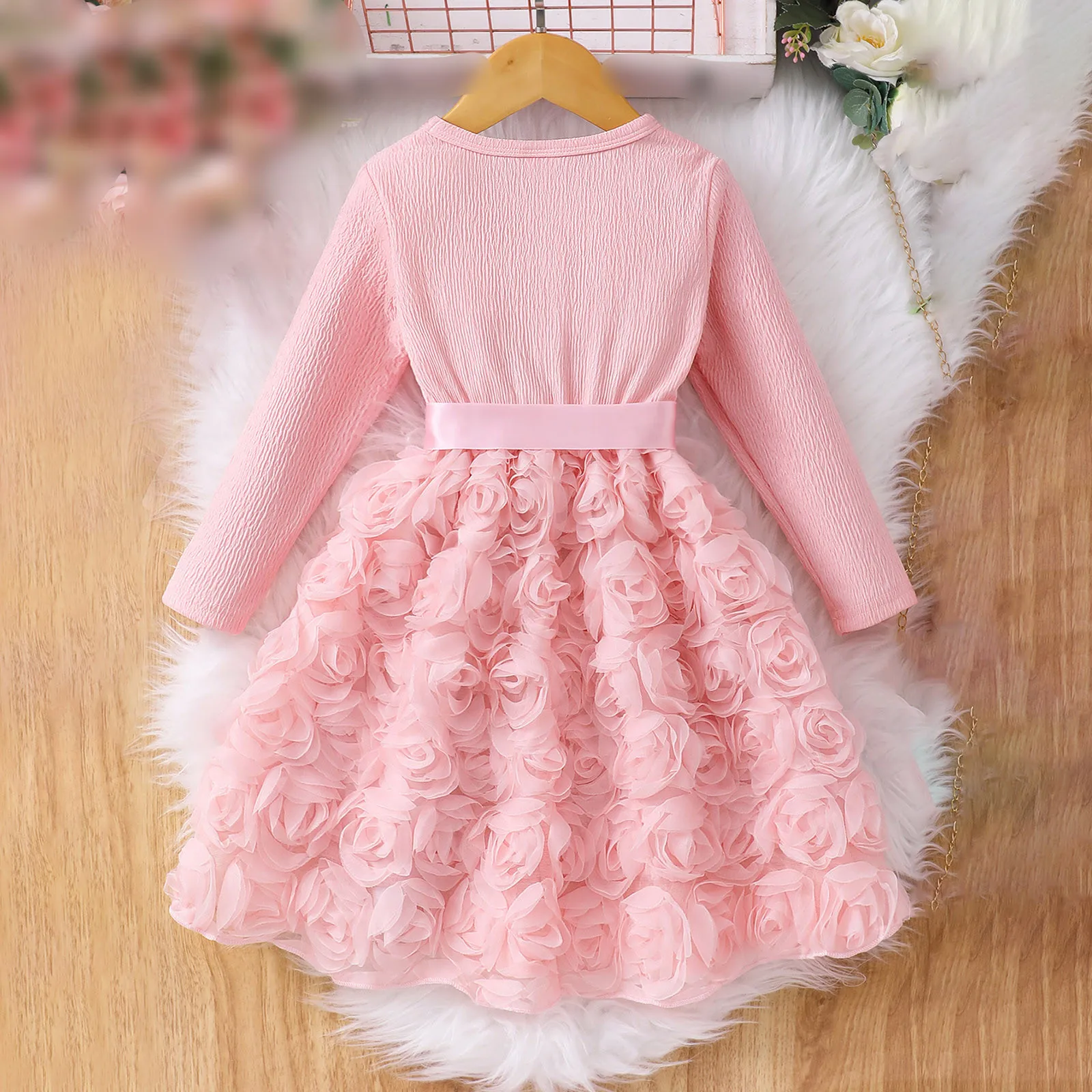 Kids Girls Dress Long Sleeve New Spring Autumn Pink Gauze Rose Belt Children Dress Elegant Comfortable Sweet Girls Clothing 2-7Y