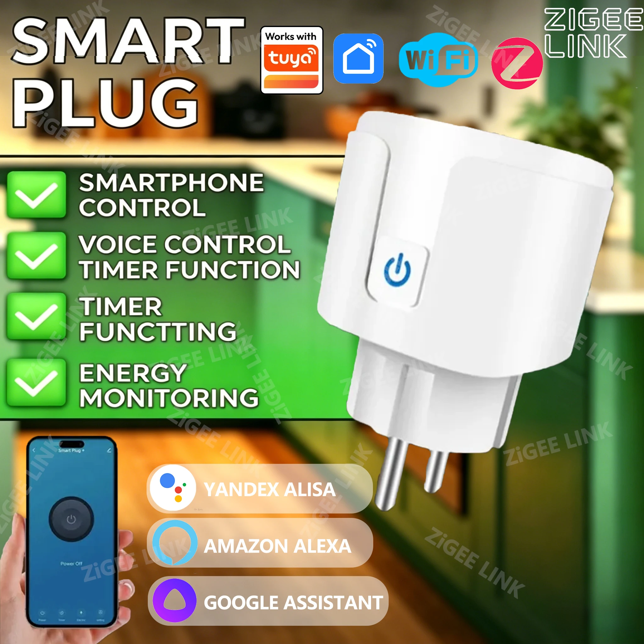 

Smart Socket EU Plug WIFI or Zigbee16A/20A With Power Monitor Timing, Voice Control Work with Tuya Alexa Google Home Alice