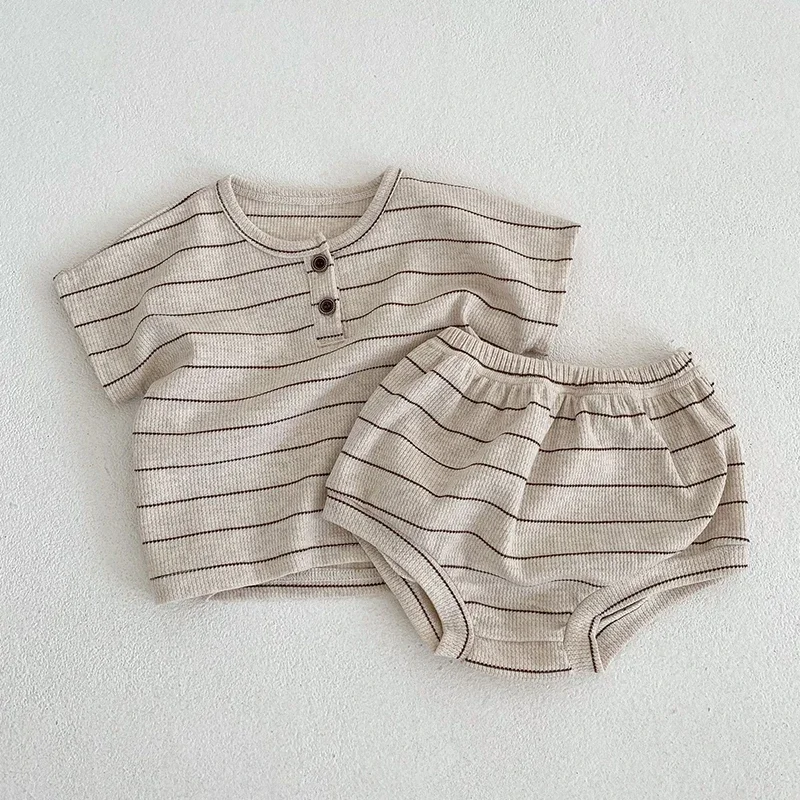 Conjunto infantil de roupas de algodão puro listrado, camiseta e shorts de menino, manga curta, férias de praia, verão, novo, 0-3 anos