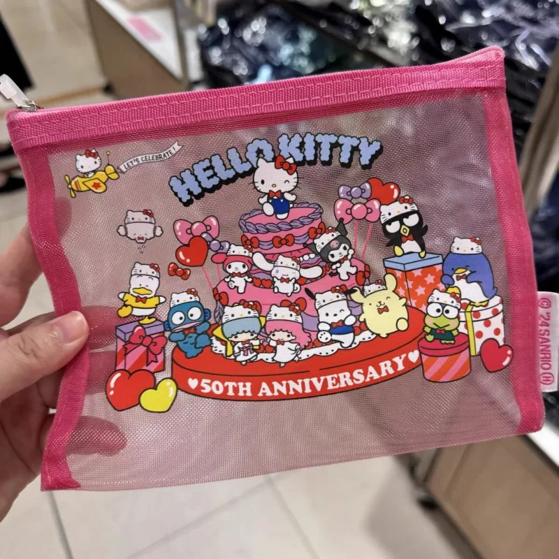 Sanrio Hello Kitty Cosmetic Bags Cartoon Transparent Mesh Bag Portable Toiletries Organizer Stationery Storage Pouch Pencil Case