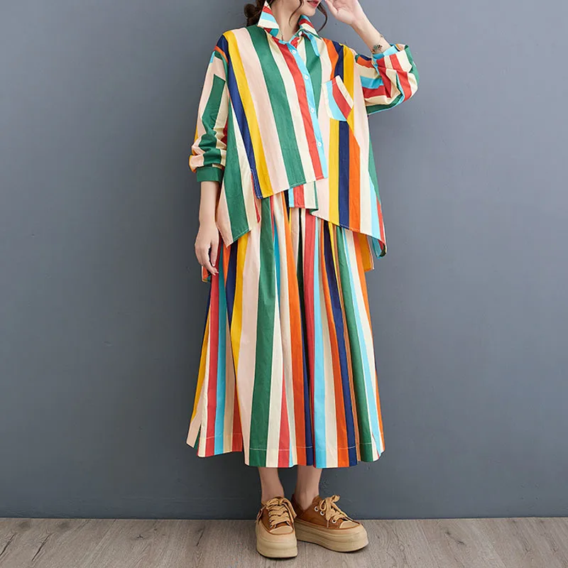 Autumn New Fashion Casual Women\'s Skirt Sets Striped Irregular Long Sleeve Shirt Long Skirt Two Piece Set Women Spring 2024