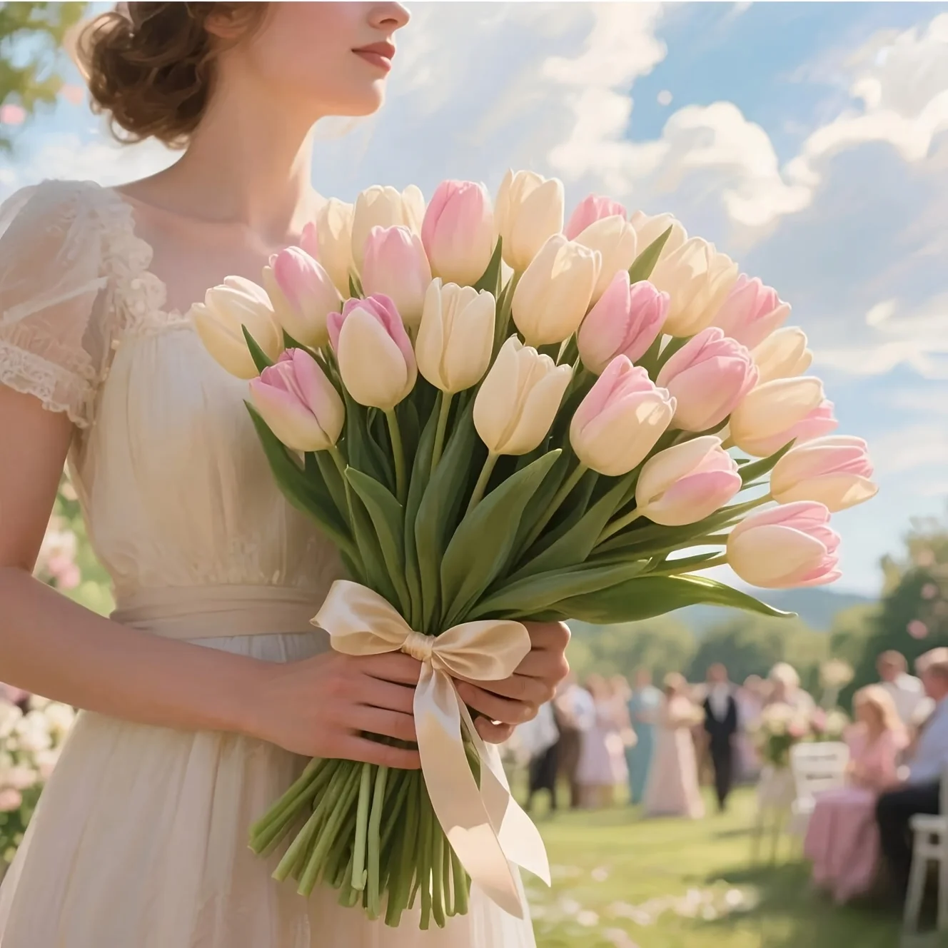 12 Stück Realistische Künstliche Tulpen-Blumensträuße - Naturgetreue Mehrblütige Tulpen mit Blattwerk, Hochzeits-/Muttertags-Dekoration – Detail 4