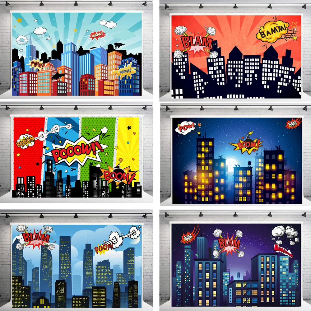 Super Hero City Child Birthday Backdrops Building SuperHero Baby Shower Party Photography Background