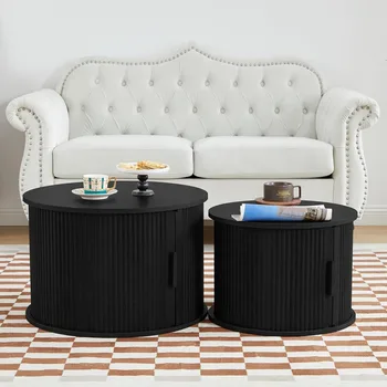 Image Coffee Table, Modern Round Coffee Table Set of 2 with Storage Compartment and Sliding Door, Side End Accent Table