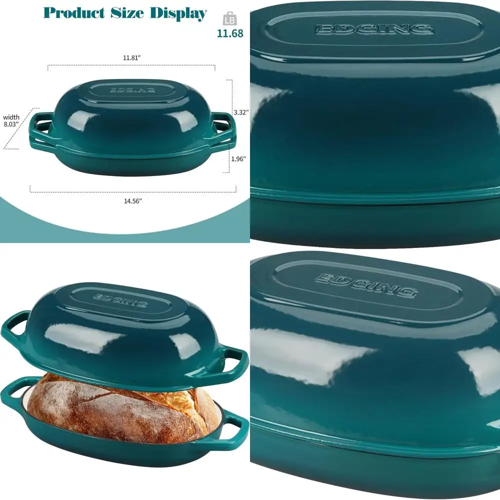 

Oval Enamel Cast Iron Dutch Oven, 5-Quart, Ideal for Sourdough Bread, Dark Cyan