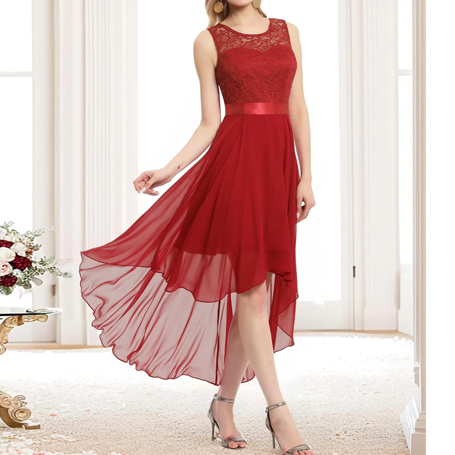 Women's Vintage O Neck Lace Patchwork Chiffon Swing High-Low Bridesmaid Dress Cocktail Party Pleated Dresses