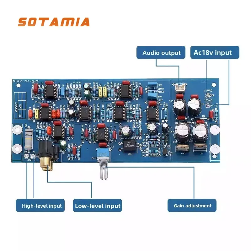 

SOTAMIA Высокий и низкий уровень входа, профессиональный дизайн, фильтр сабвуфера, плата предварительной ступени, восемь двойных операционных усилителей, регулировка усиления