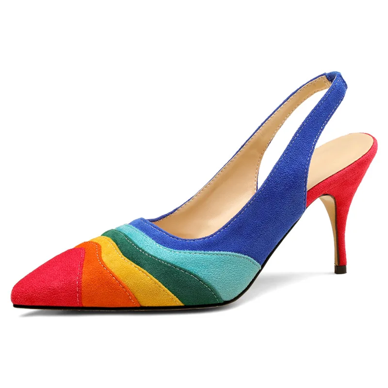 Bright Rainbow Color Suede Patchwork Pumps Women Kitten Heels Pointed Toe Multicolor Mixed Slingbacks Slip On Banquet Shoes