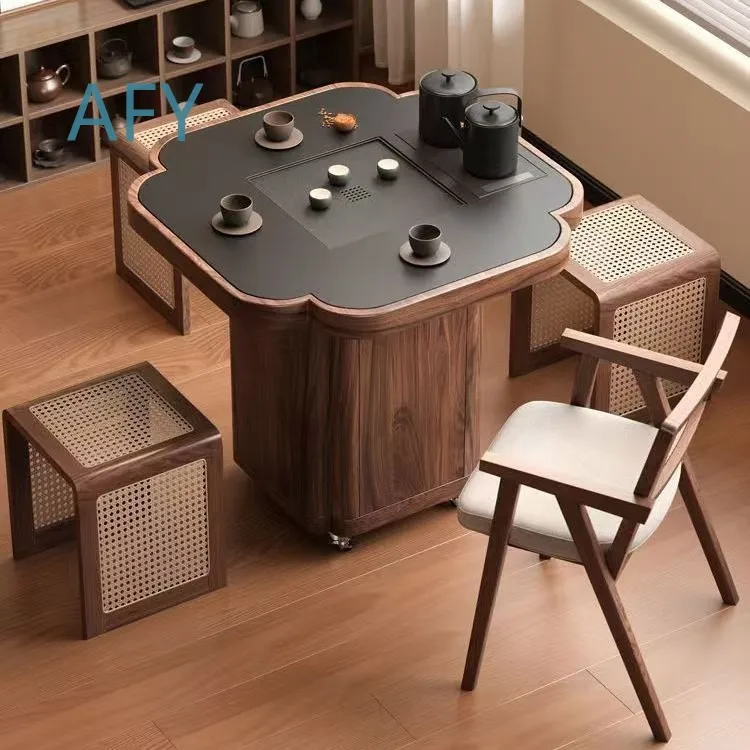 Modern Clover Leaf Solid Wood Movable Tea Table for Living Room Coffee Station with Storage for Small Apartment Balcony Tea