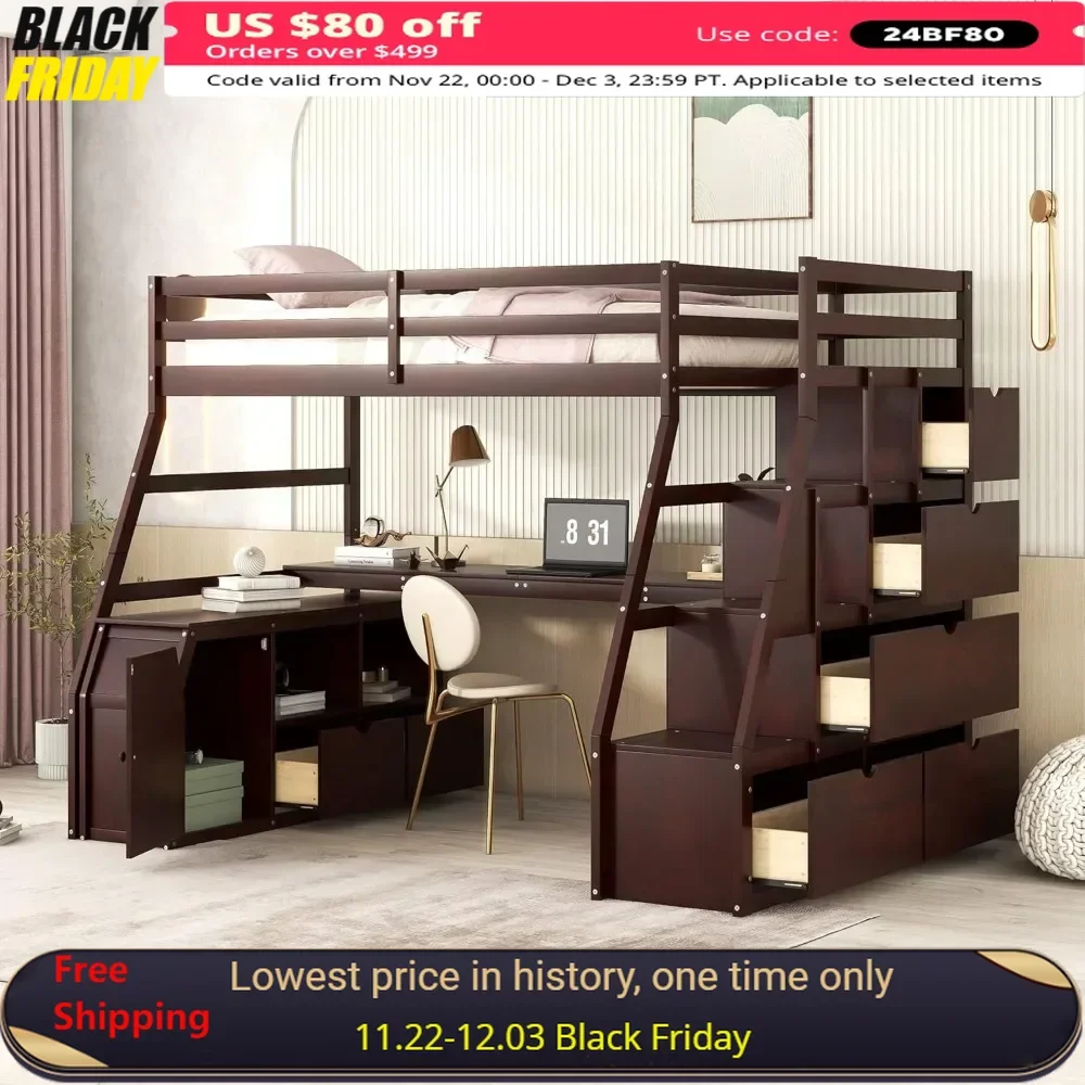 Loft Bed, with Stairs and Desk, with Storage 7 Drawers 2 Shelves, for Kids Teens Adults ,Solid Wood Loft Bed Frame