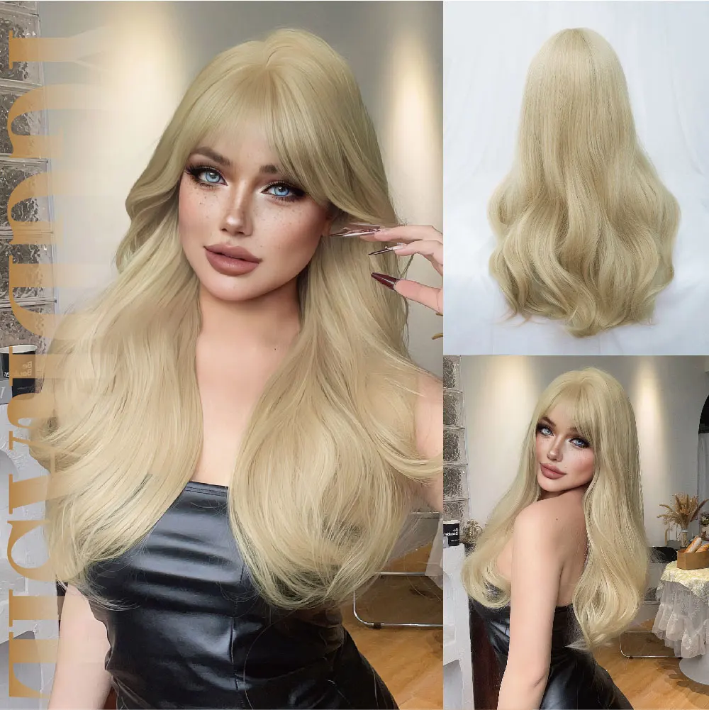 

26Inch Modern Style Blonde Color Synthetic Wigs With Bang Long Wavy Hair Wig For Women Daily Use Cosplay Drag Heat Resistant